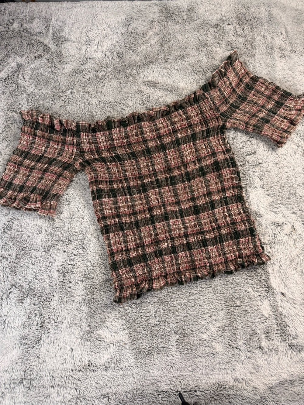 Avenue Pink and Black Plaid Smocked Off-Shoulder Crop Top